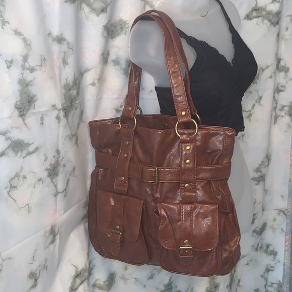 🎒 Brown Leather Like Shoulder Bag with Pockets and Buckles - Picture 7 of 11